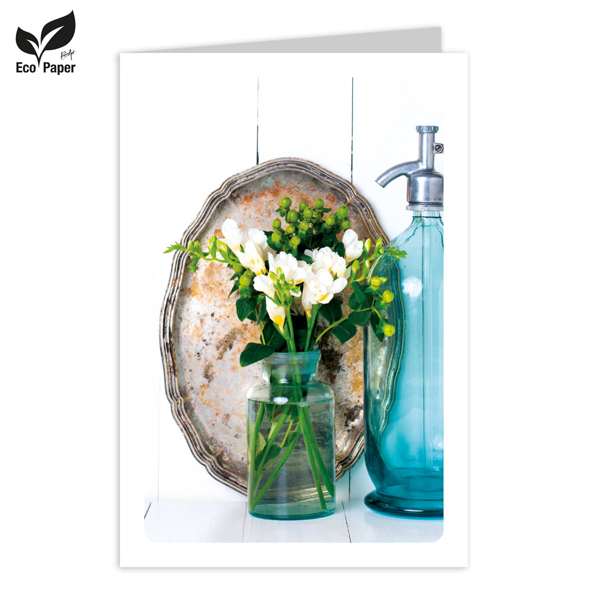 Wenskaart Blank Cosy white flowers and blue vase 6 stuks