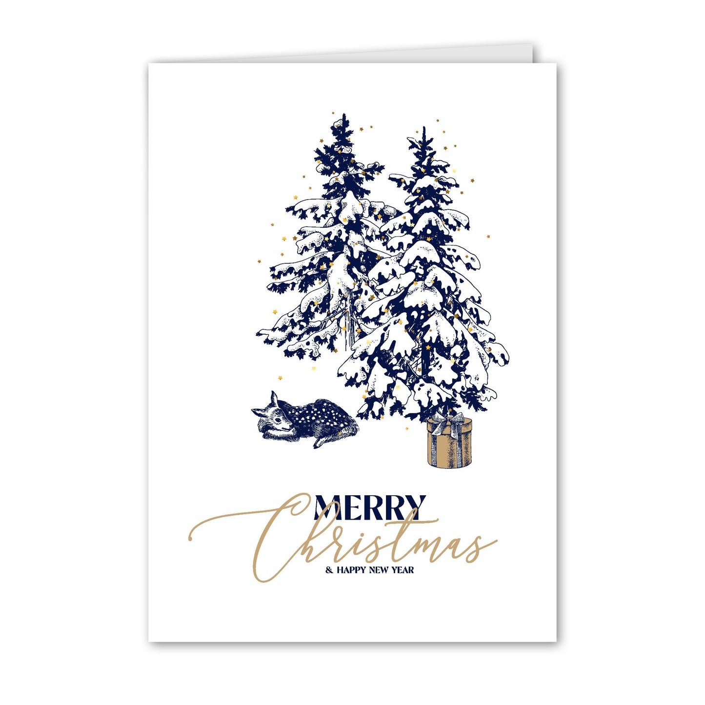 Weihnachtskarte Hirsche und Bäume gezeichnet