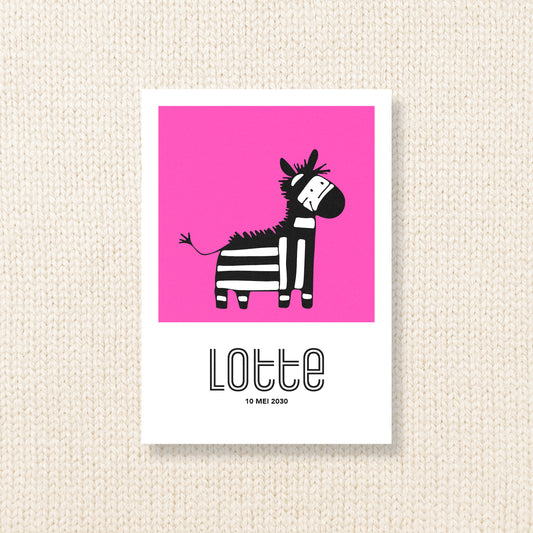 Geboortekaart Zebra pret serie - Roze