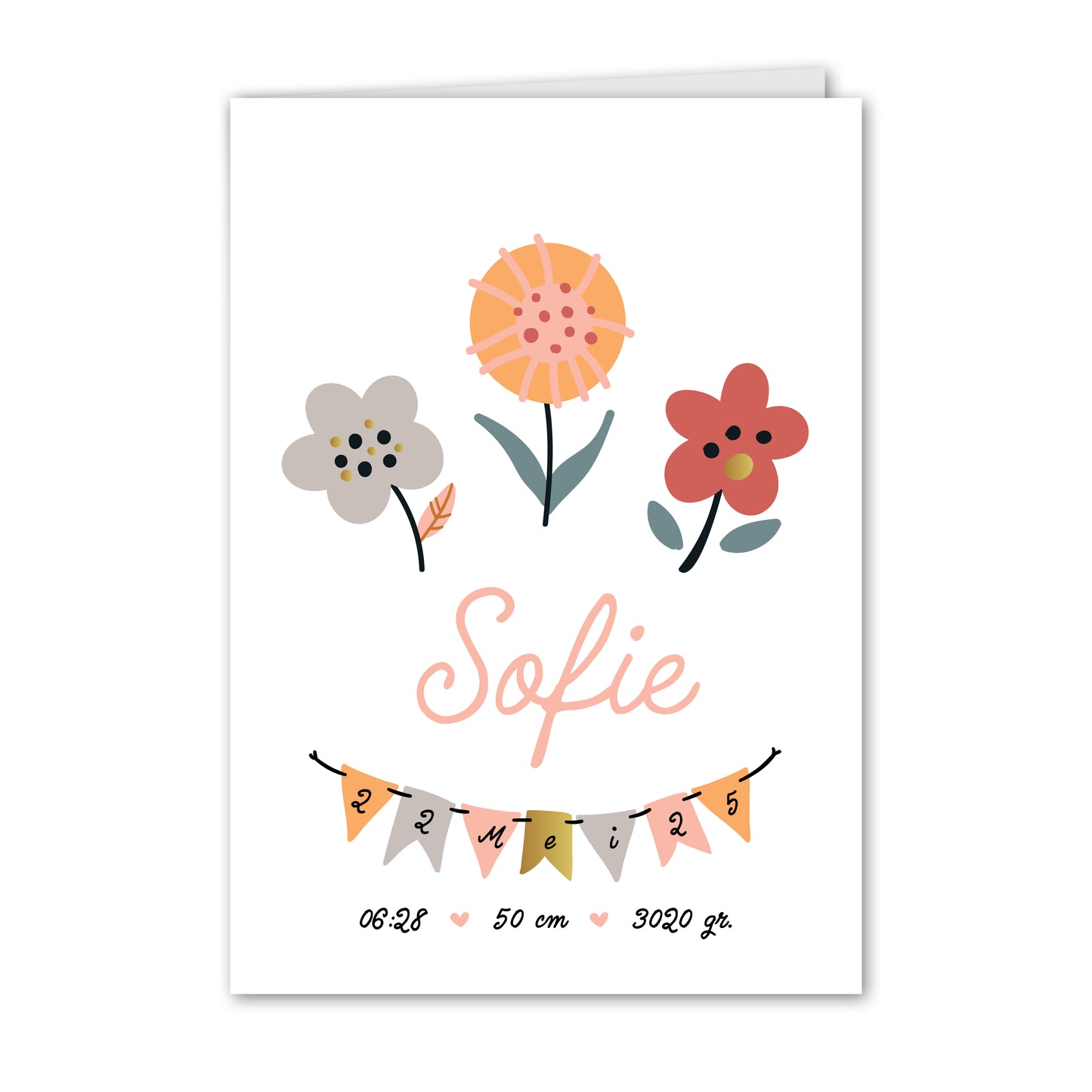 Geboortekaart Bloemetjes en Slinger (gepersonaliseerd)