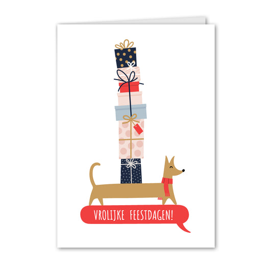 Kerstkaart Vrolijke Hond en Cadeautjes