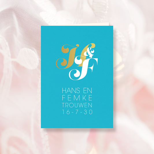 Trouwkaart Typografie Blauw Goud